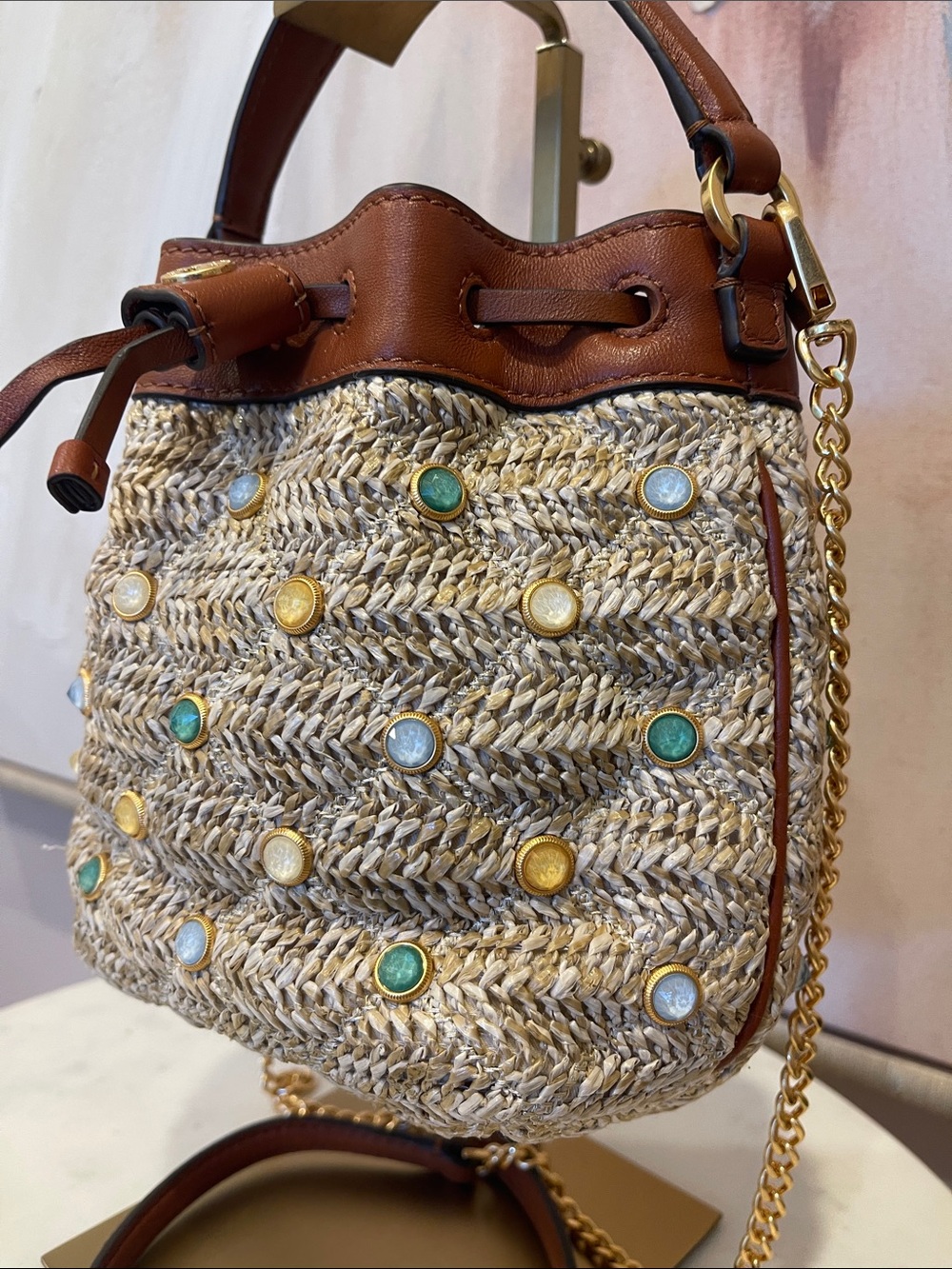 NWOT Tory Burch Brown Leather & Natural Straw Crossbody Bag with Jewels - Picture 3 of 8